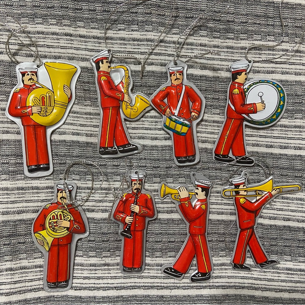 Dansk Marching Band Swedish Ornaments Metal Tin Gunnar Cyren Red Yellow Set of 8